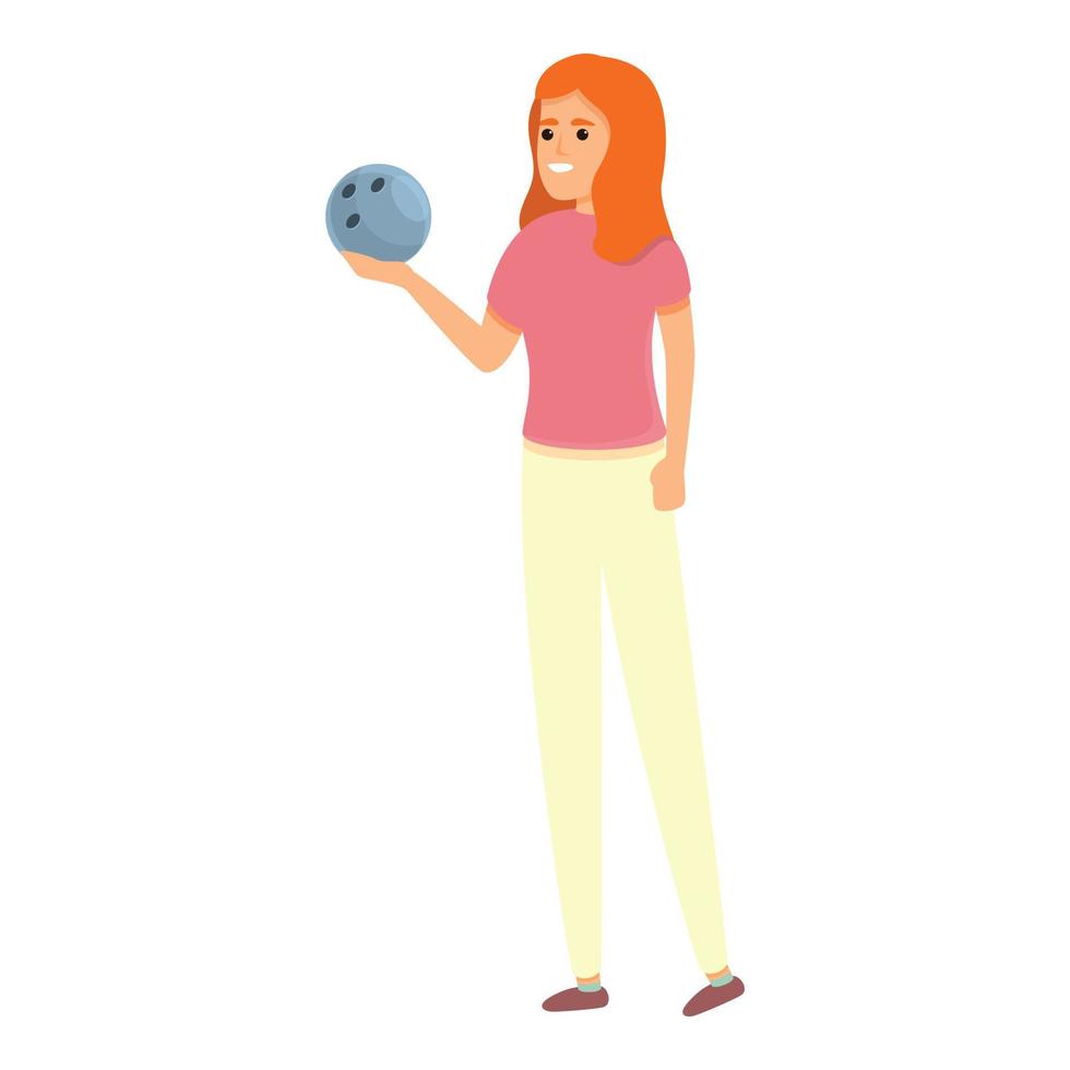 Girl playing bowling icon, cartoon style vector