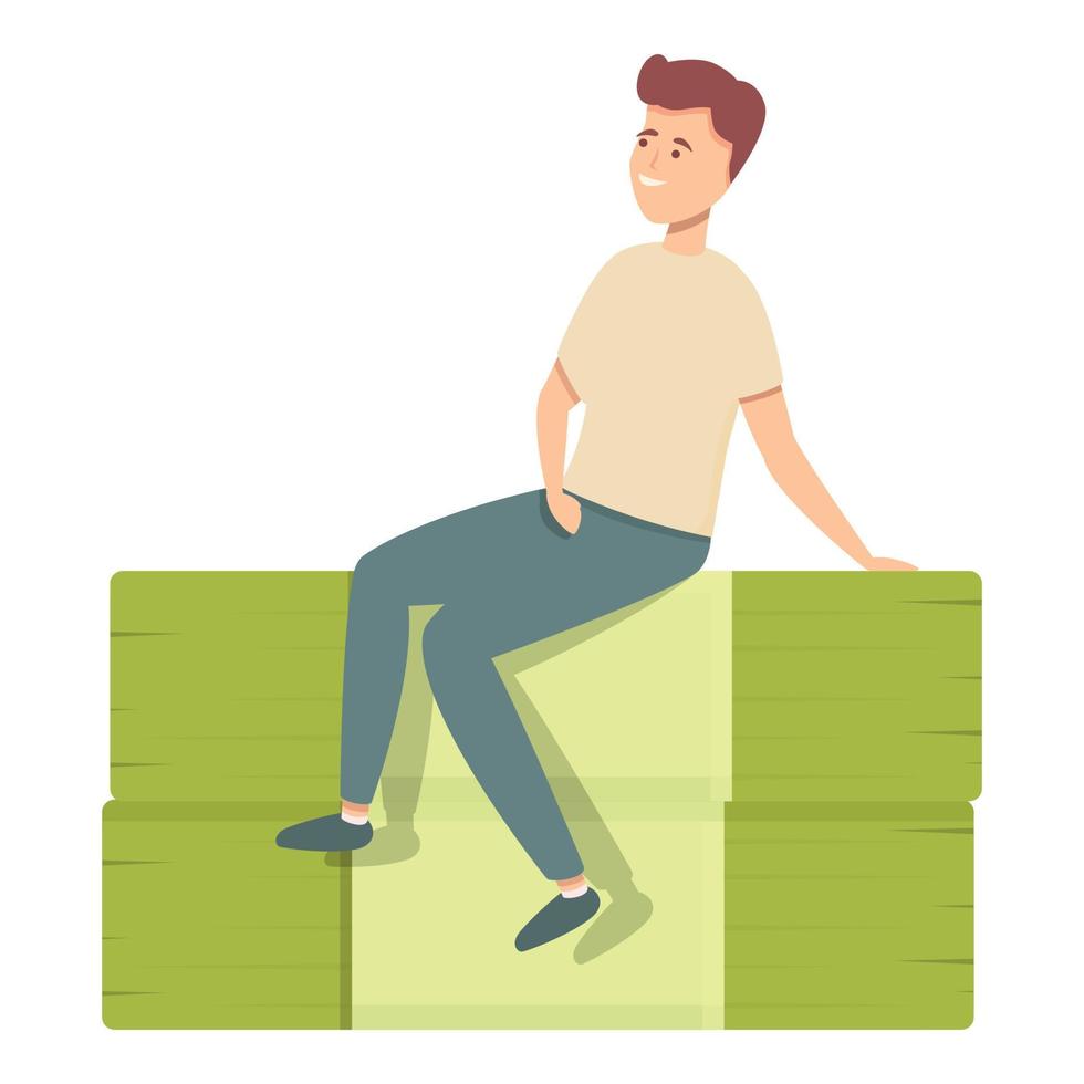 Boy sit on cash pack icon cartoon vector. Kid money vector