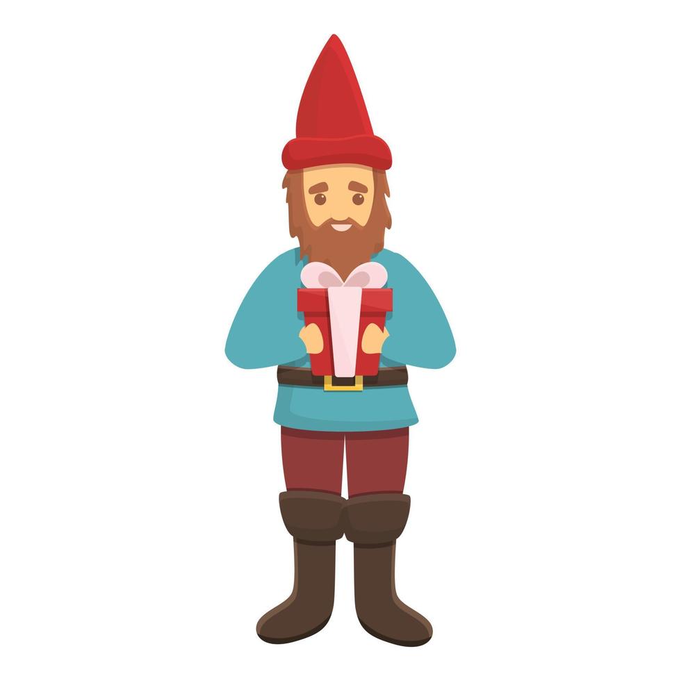 Garden gnome with gift box icon, cartoon style vector