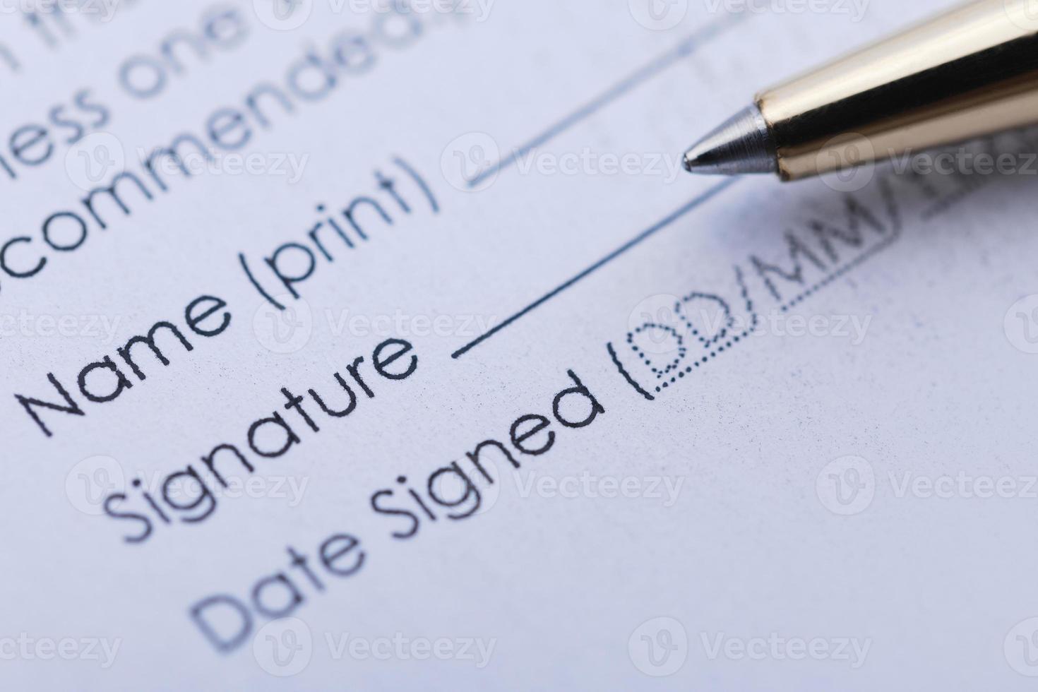 Singing business contract. Pen and sheet document. photo