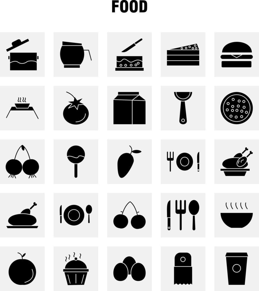 los iconos de glifo sólido de alimentos establecidos para infografías kit uxui móvil y diseño de impresión incluyen especias, chile, pimiento picante, pastel, comida dulce, comida, colección, moderno, infografía, logotipo, y, pictogram, vector