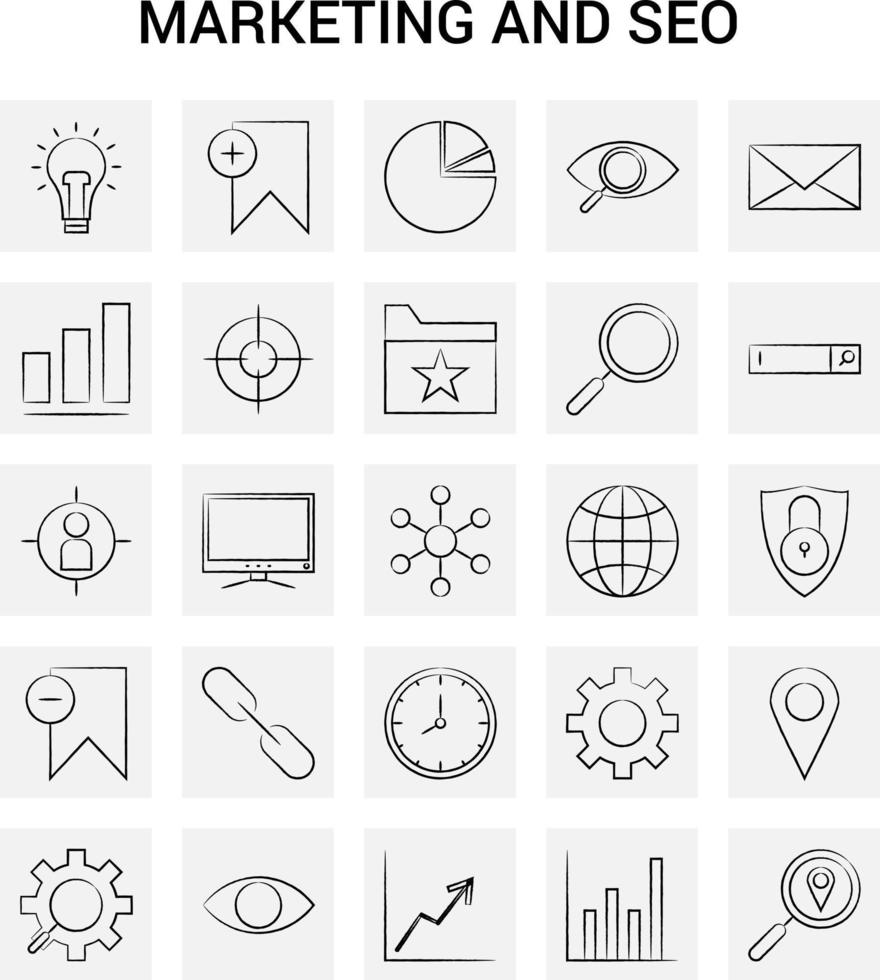 25 Hand Drawn Marketing and SEO icon set Gray Background Vector Doodle