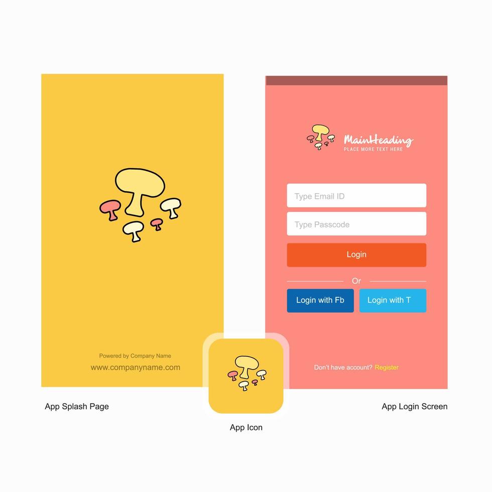 Company Mushroom Splash Screen and Login Page design with Logo template Mobile Online Business Template vector