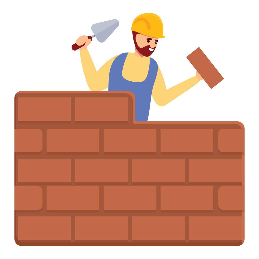 Builder brick wall icon, cartoon style vector