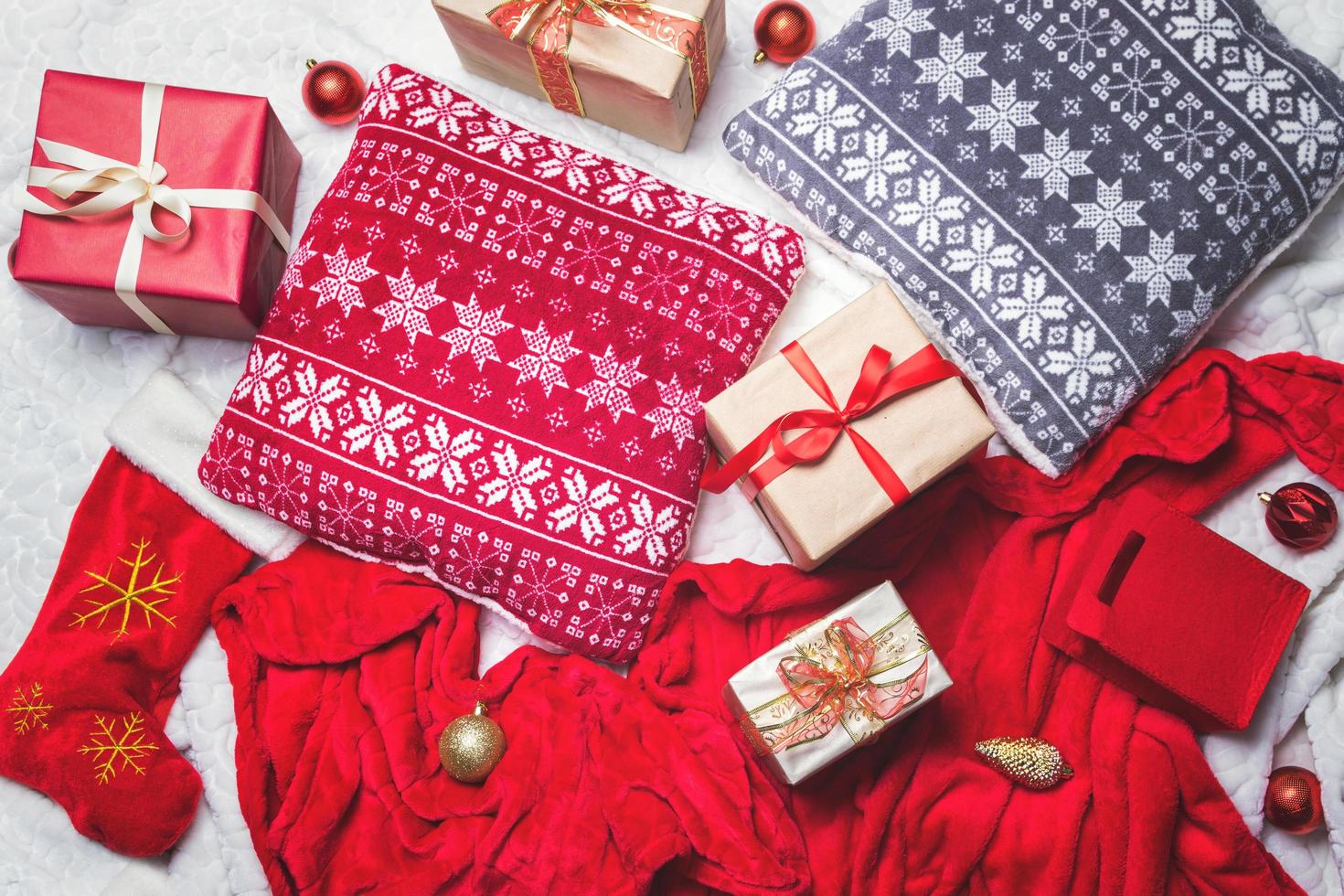 Background with a lot of different boxes and Christmas gifts photo