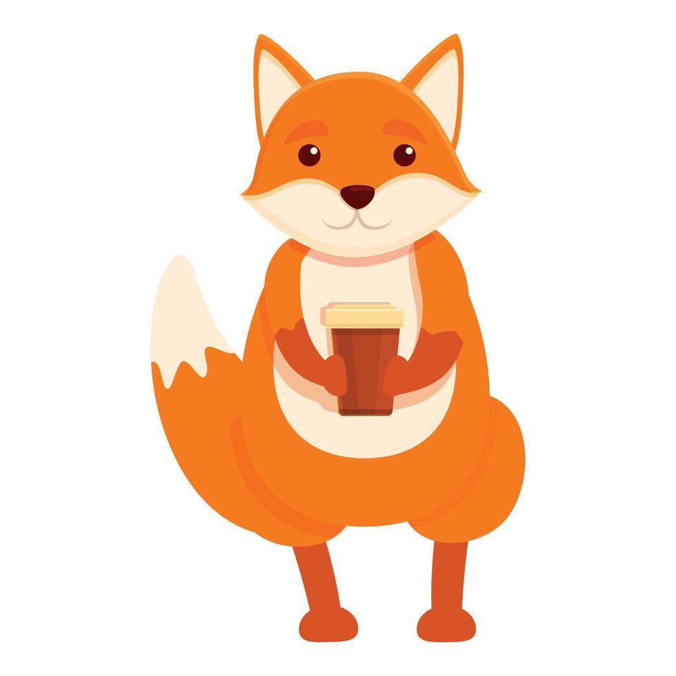 Fox drink coffee icon, cartoon style vector