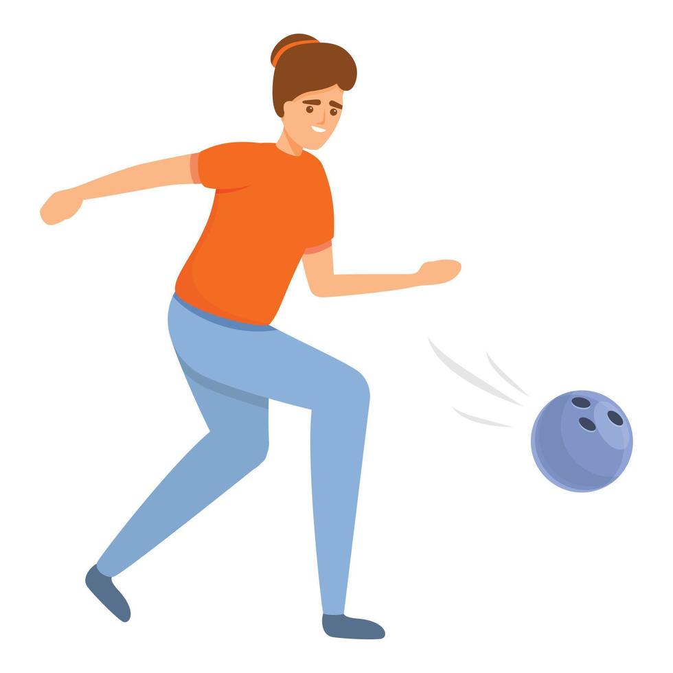 Woman playing bowling icon, cartoon style vector