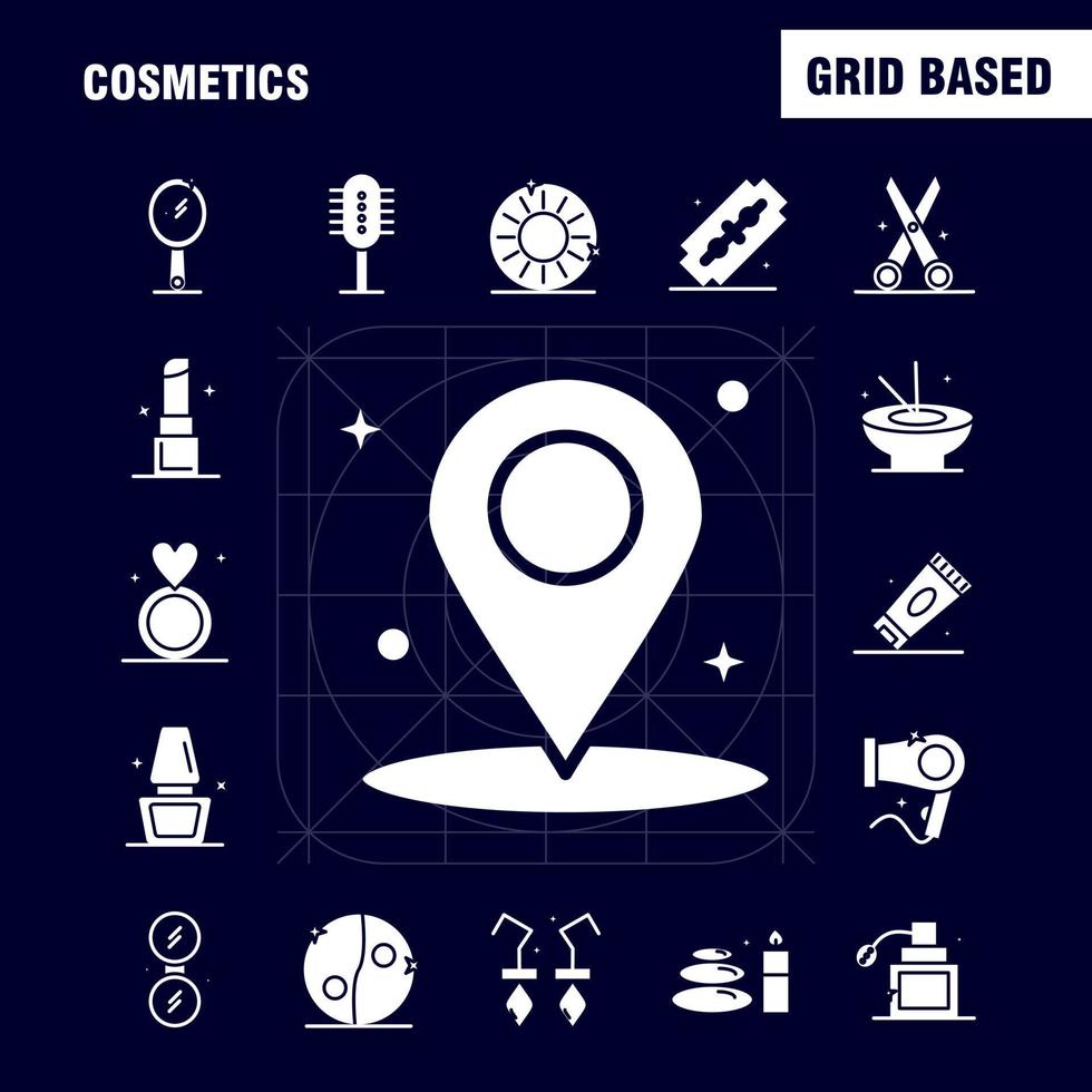 Cosmetics Solid Glyph Icons Set For Infographics Mobile UXUI Kit And Print Design Include Location Map Pin Cosmetic Cosmetic Bowl Eat Cosmetic Icon Set Vector