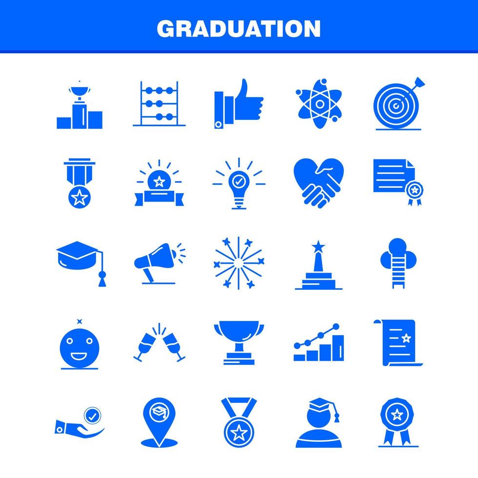 Graduation Solid Glyph Icons Set For Infographics Mobile UXUI Kit And Print Design Include Glass Drink Healthcare Graduation Map Location Medal Award Icon Set Vector