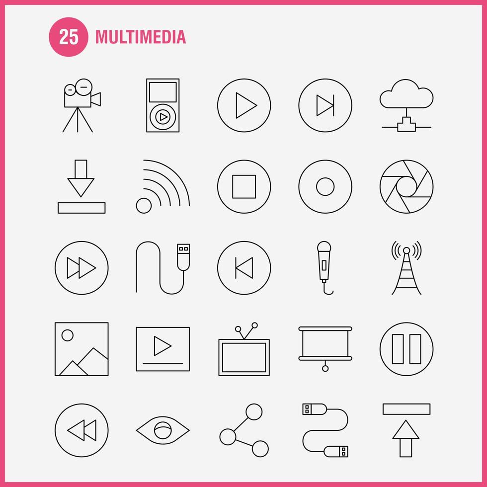 icono de línea multimedia para impresión web y kit de uxui móvil, como micrófono, música, audio, avance rápido, reproducción, paquete de pictogramas, vector