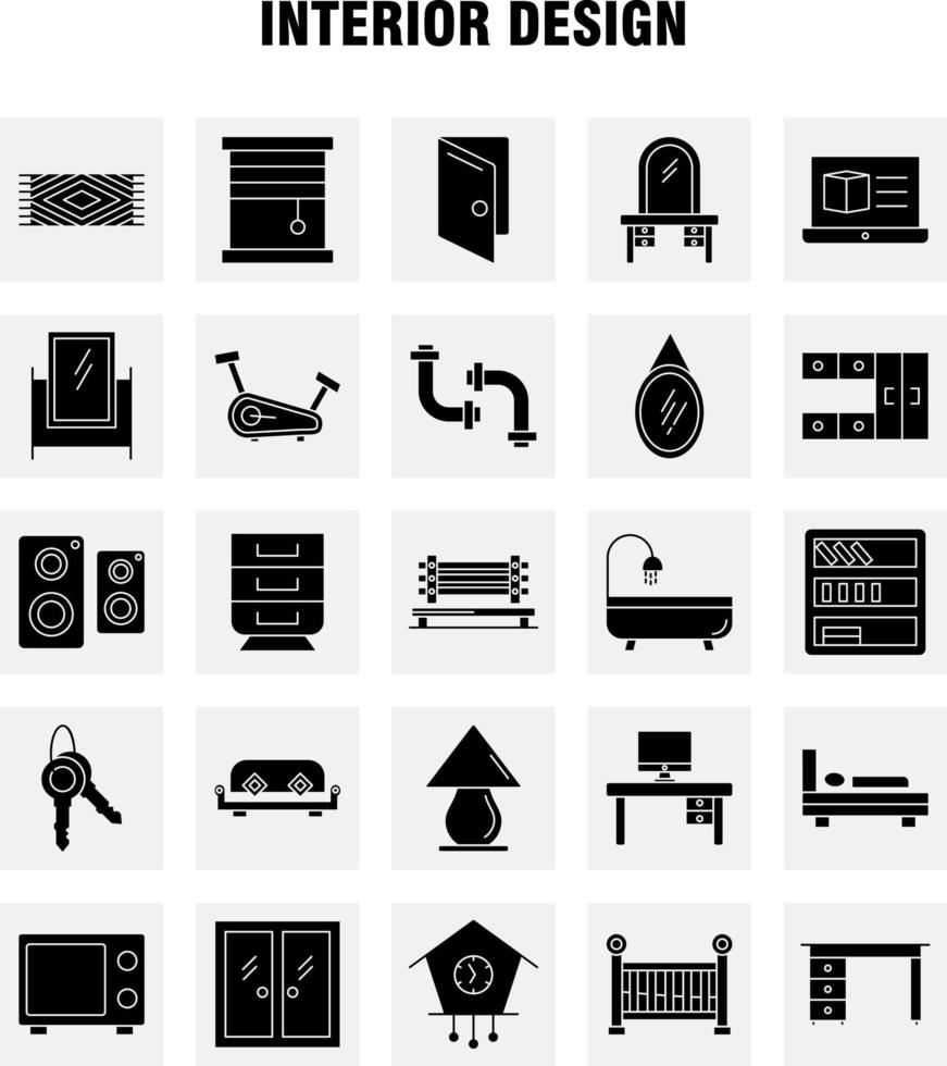 iconos de glifo sólido de diseño de interiores establecidos para infografías kit de uxui móvil y diseño de impresión incluyen alfombra muebles hogar ventana casa puerta entrada eps 10 vector