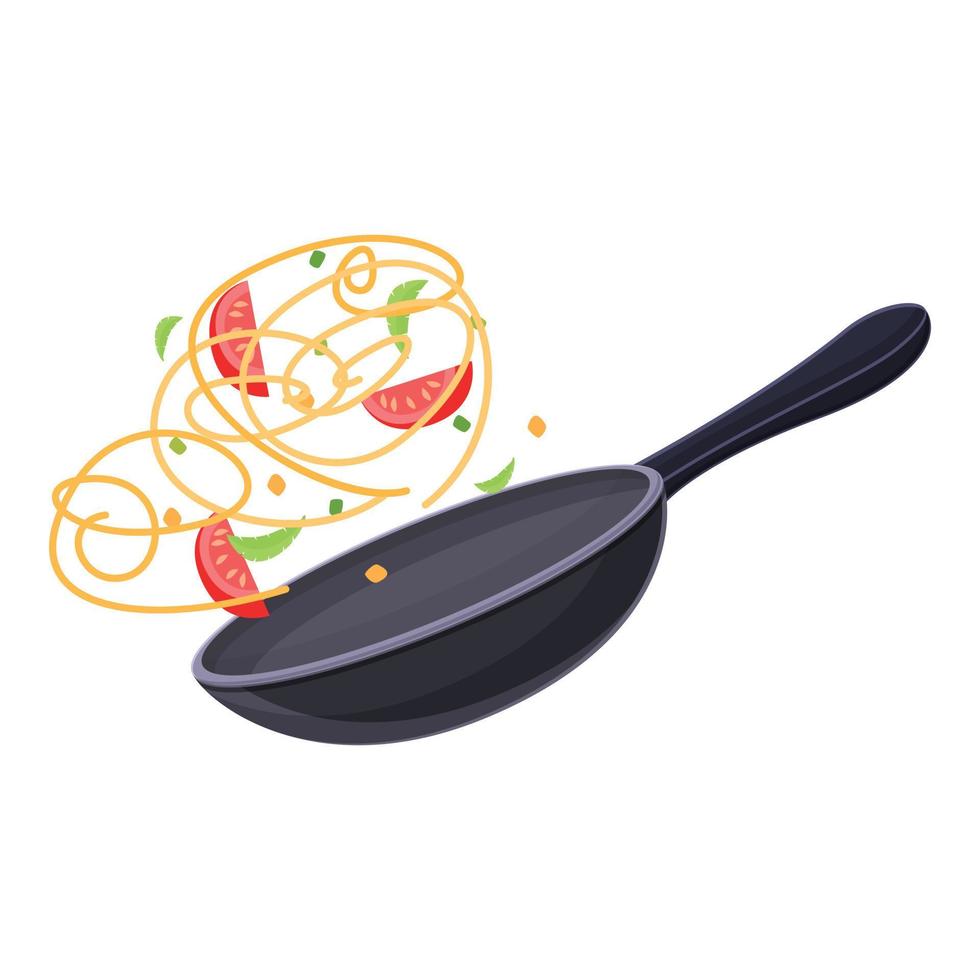 Wok cooking pan icon, cartoon style vector