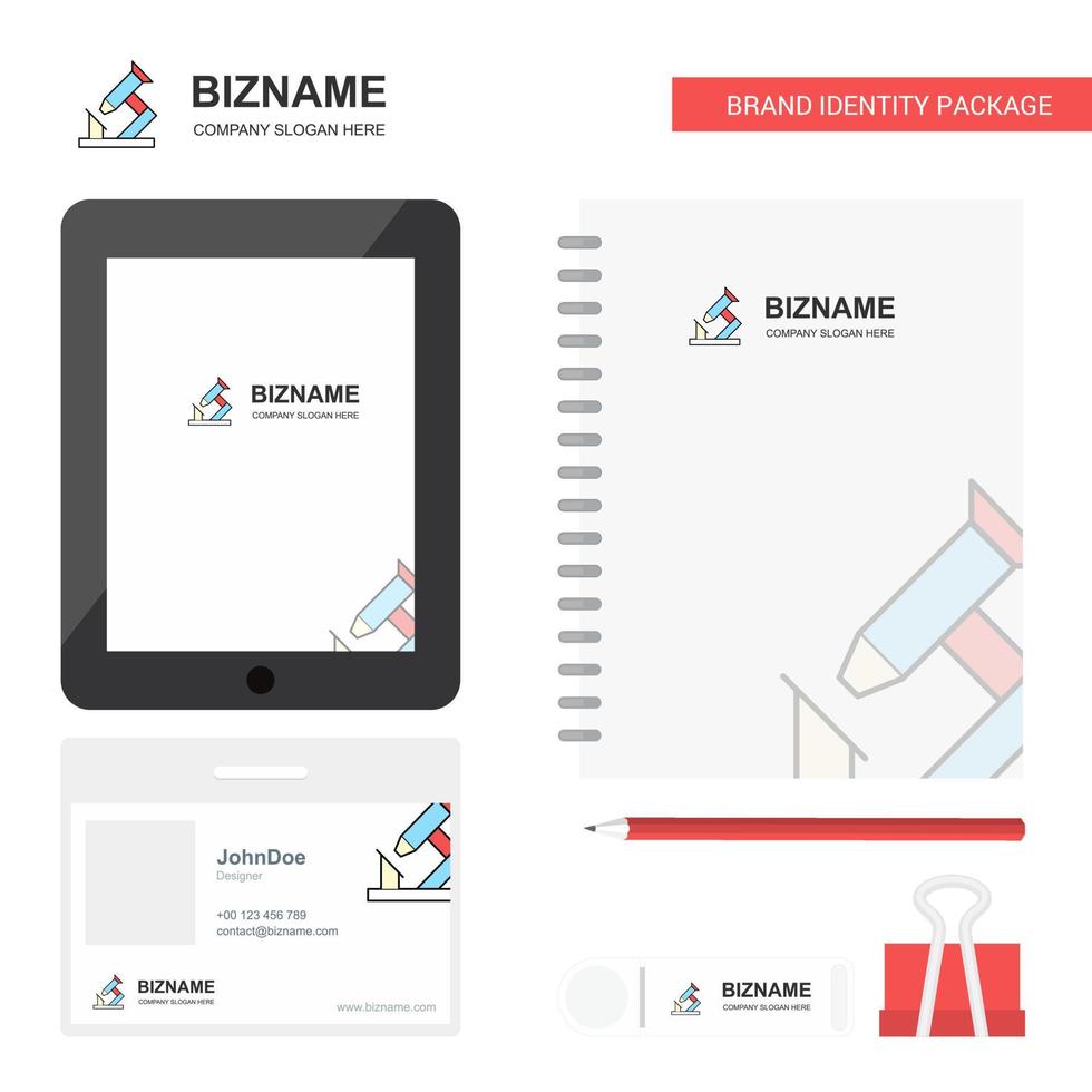Microscope Business Logo Tab App Diary PVC Employee Card and USB Brand Stationary Package Design Vector Template