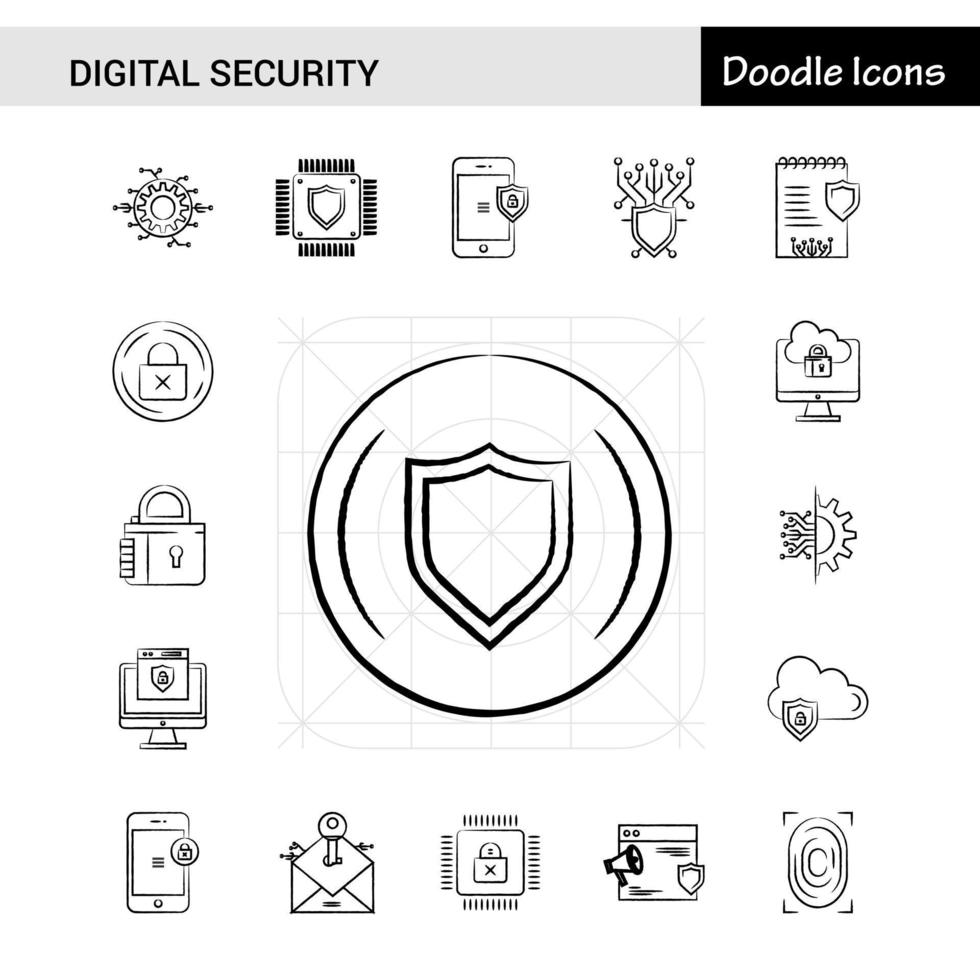 Set of 17 Digital Security handdrawn icon set vector