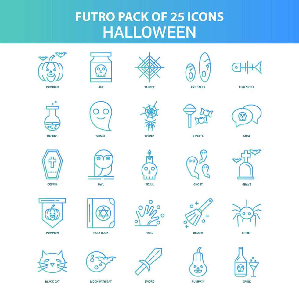 paquete de iconos de halloween futuro verde y azul de 25 vector