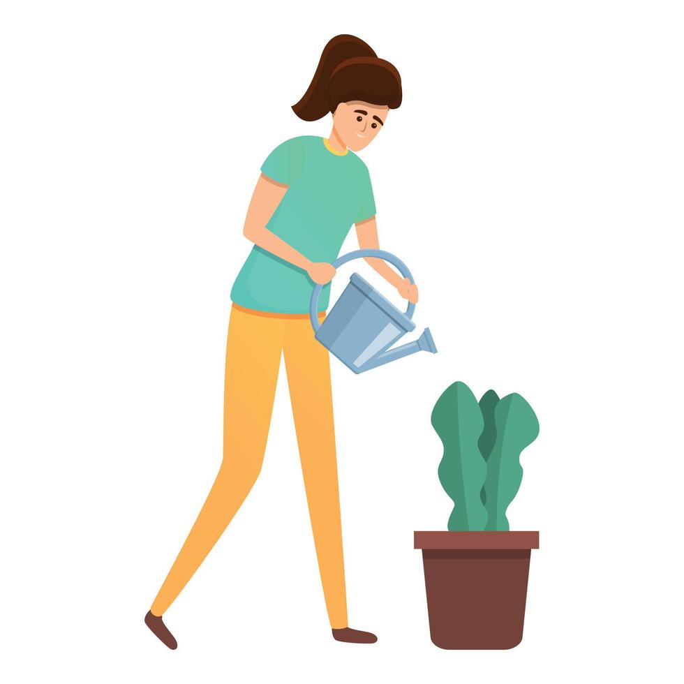 Girl watering plant pot icon, cartoon style vector