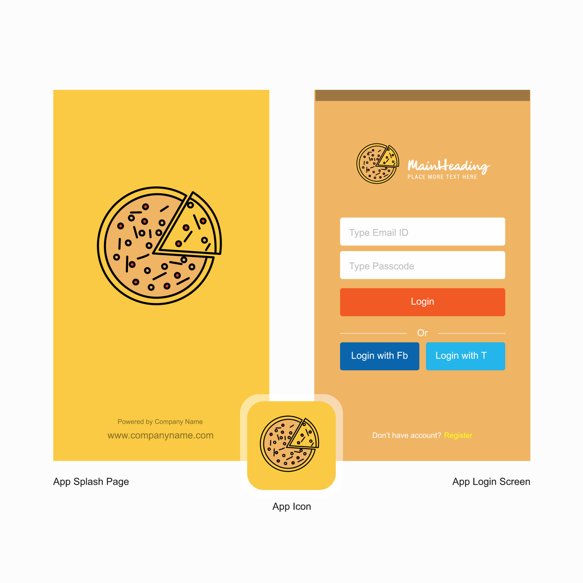 Company Pizza Splash Screen and Login Page design with Logo template