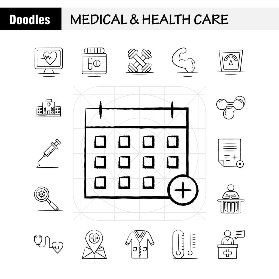 icono dibujado a mano de atención médica y de salud para impresión web y kit de uxui móvil, como monitor médico, latido del corazón, píldoras de medicina médica, tableta, paquete de pictogramas, vector