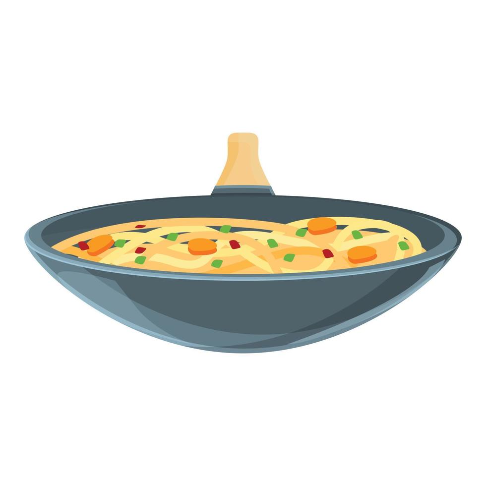 Fry wok pan icon, cartoon style vector