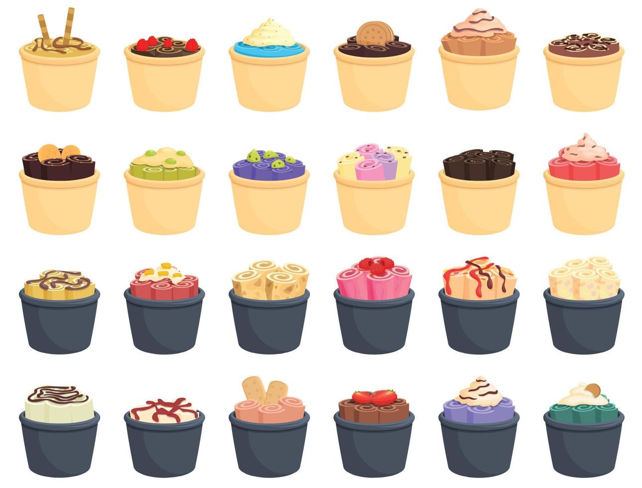 Stir fried ice cream icons set cartoon vector. Thai roll vector