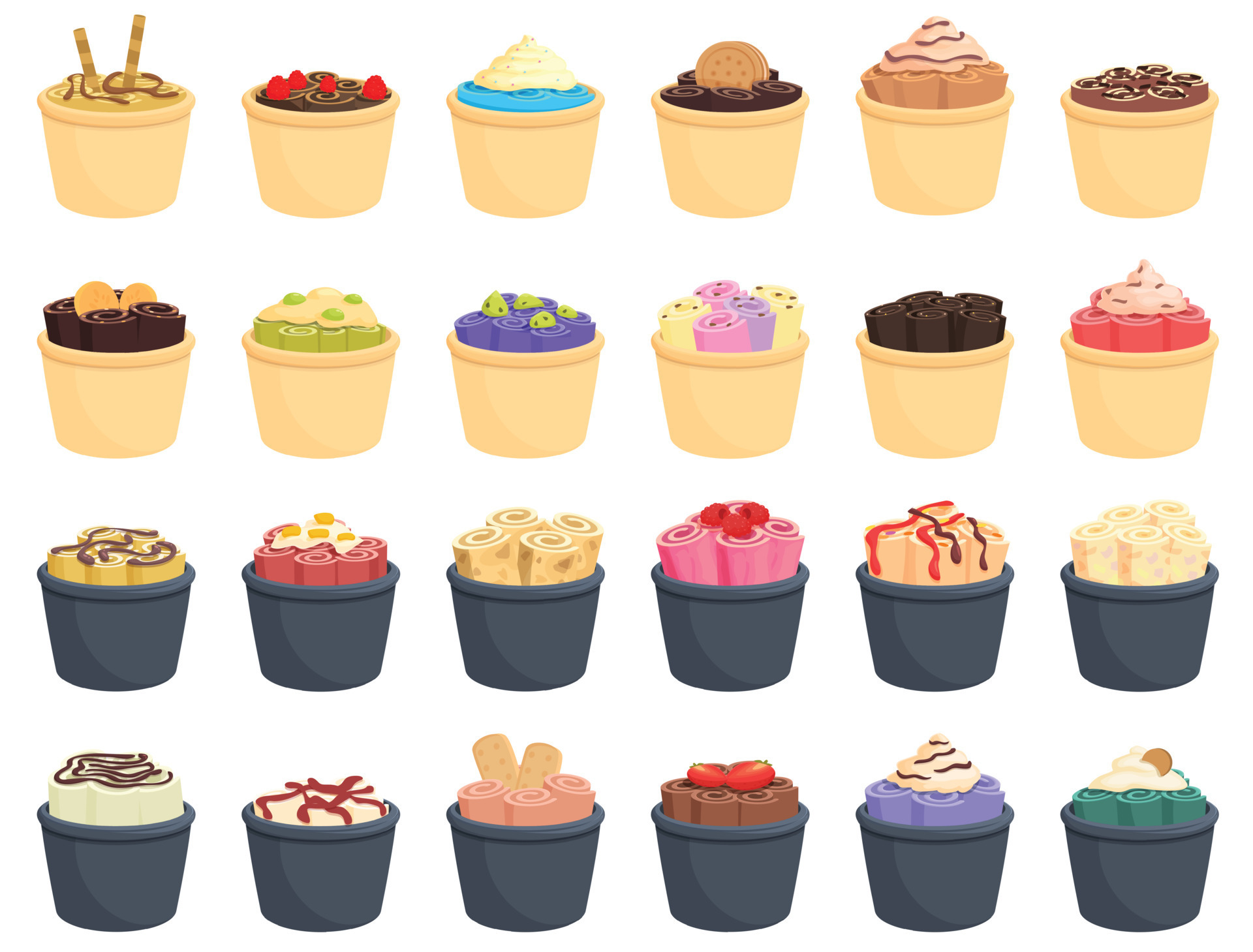 Stir fried ice cream icons set cartoon vector. Thai roll 14352010 Vector Art at Vecteezy