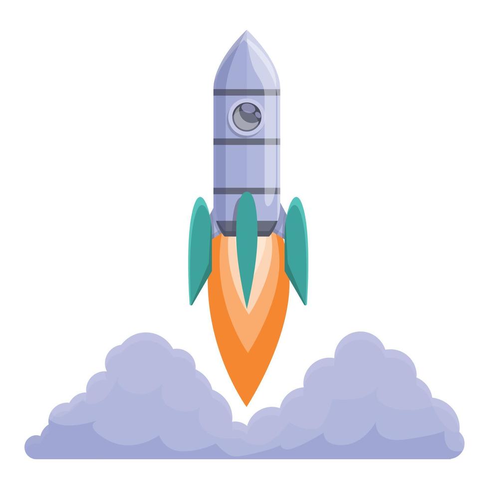 Spacecraft launch satellite icon, cartoon style vector