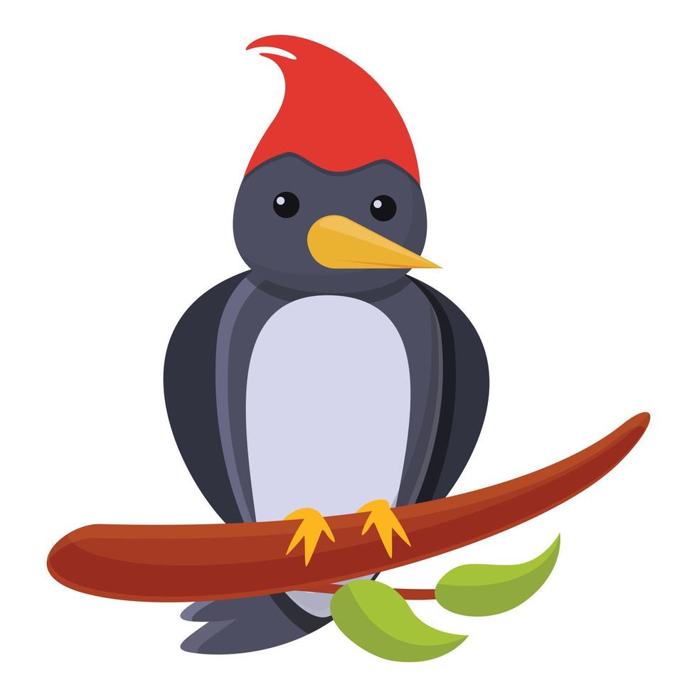 Woodpecker on branch icon, cartoon style vector