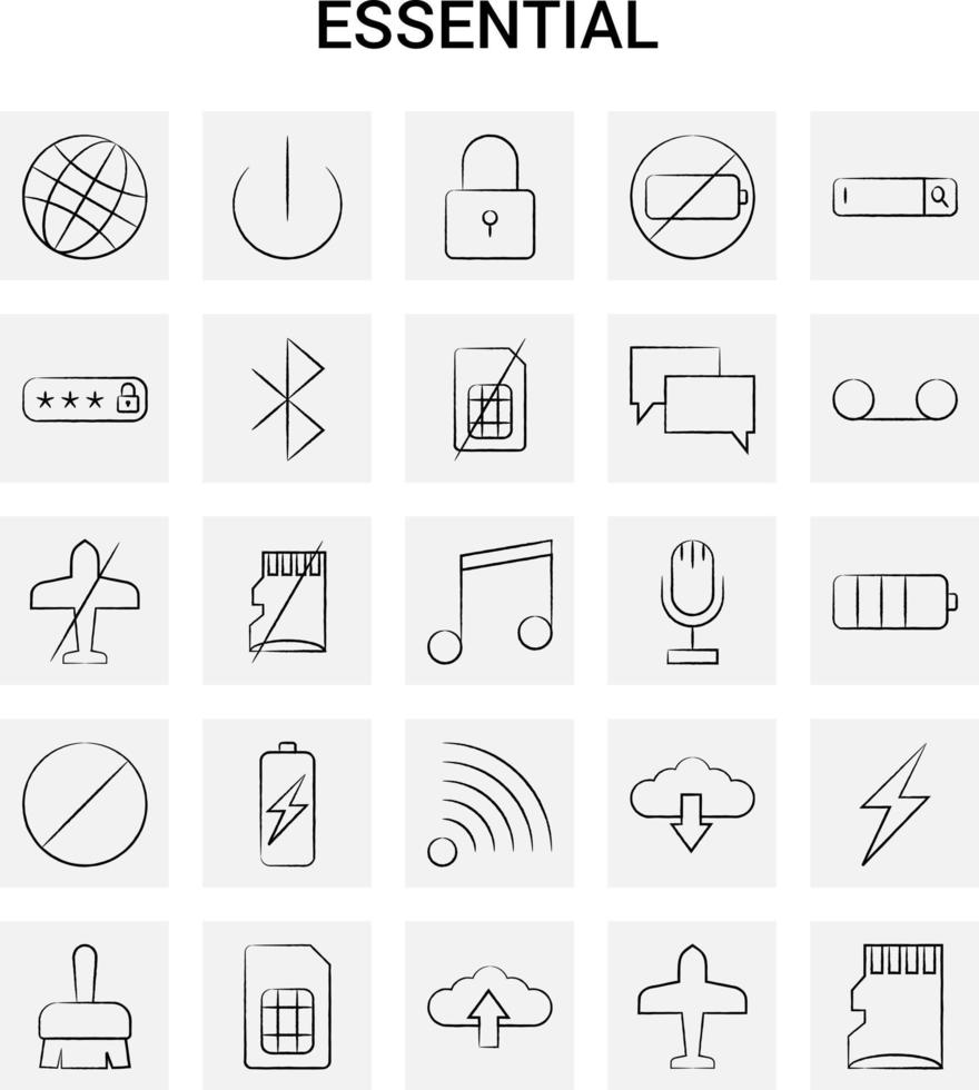 25 iconos esenciales dibujados a mano conjunto de garabatos vectoriales de fondo gris vector