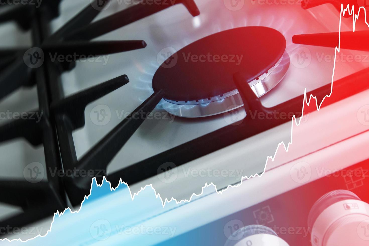 Chart and gas stove. Energy crisis and natural gas rise in price