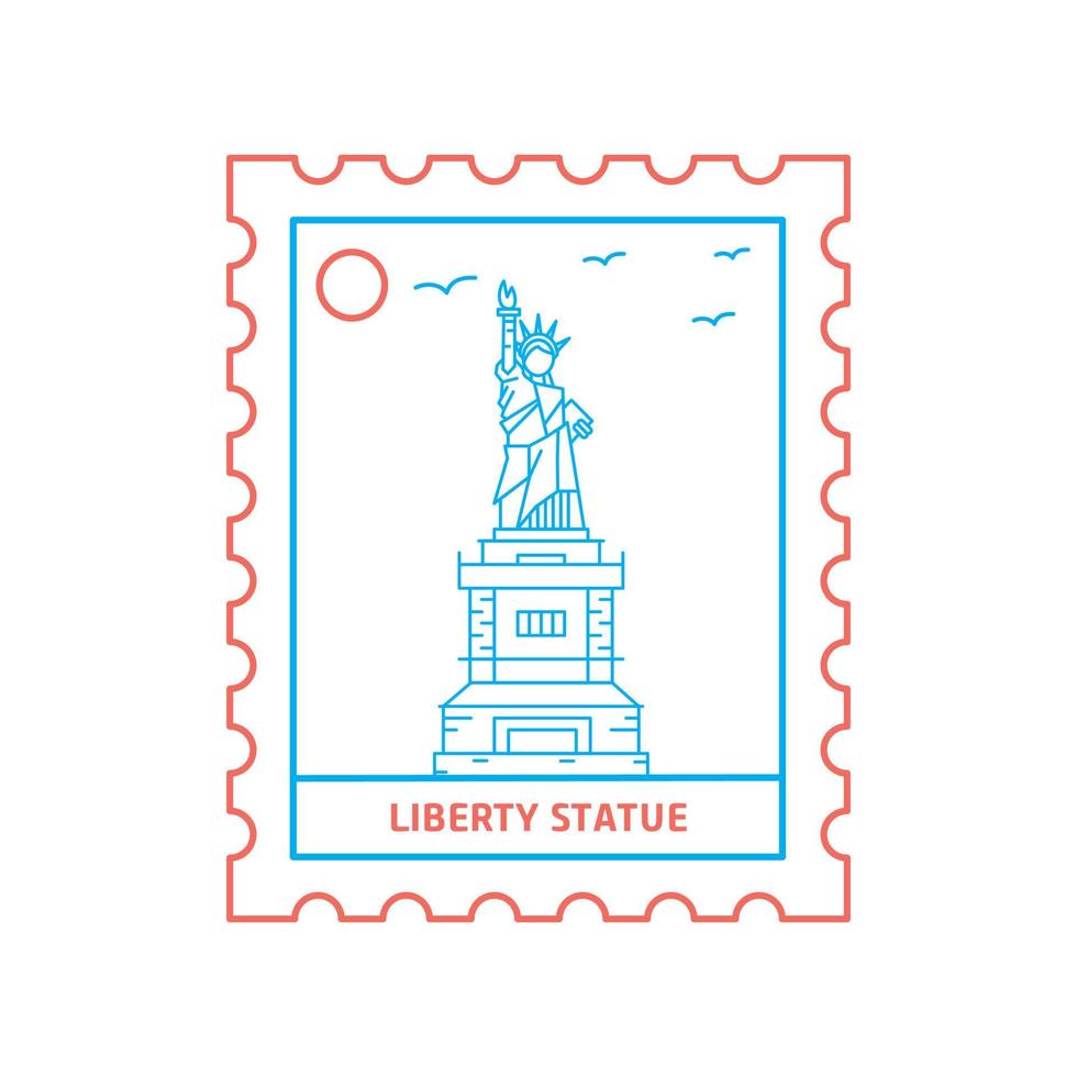 LIBERTY STATUE postage stamp Blue and red Line Style vector illustration