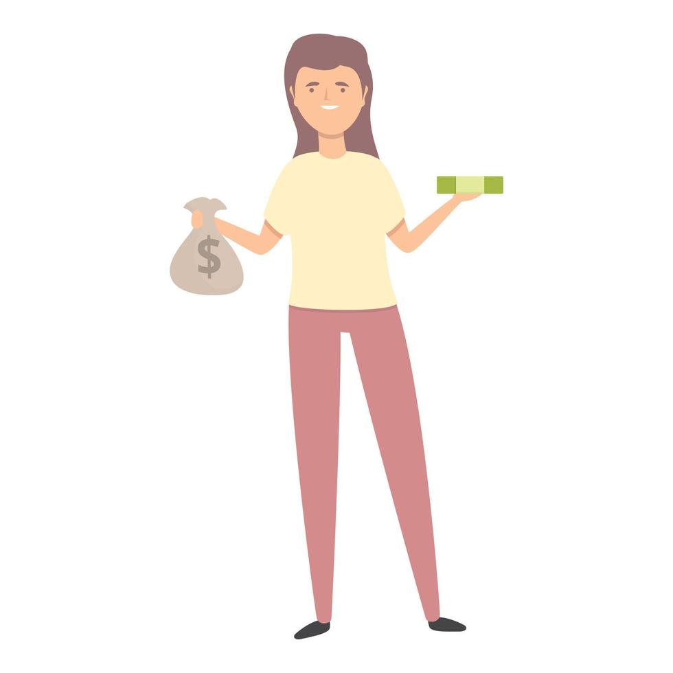 Girl take money bag icon cartoon vector. Kid finance vector