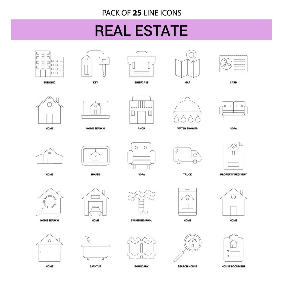 conjunto de iconos de línea de bienes raíces 25 estilo de contorno discontinuo vector