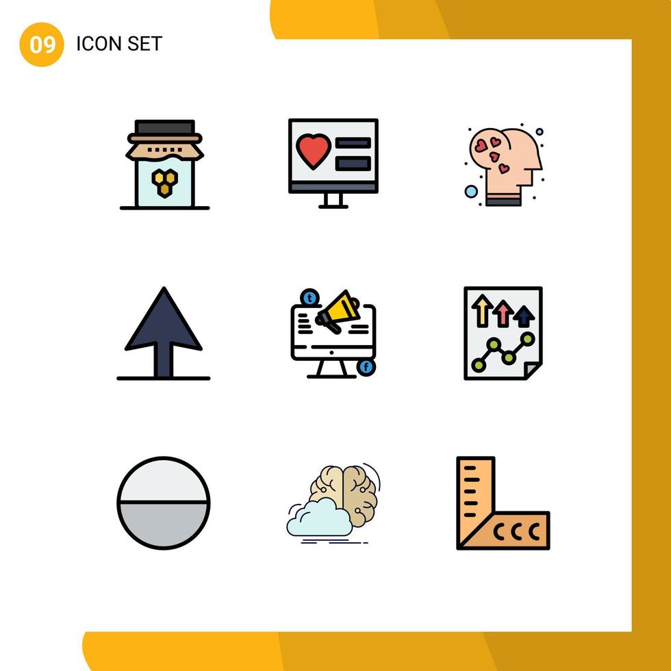 9 concepto de color plano de línea completa para sitios web móviles y aplicaciones anuncio marketing inteligencia de cursor web elementos de diseño vectorial editables vector