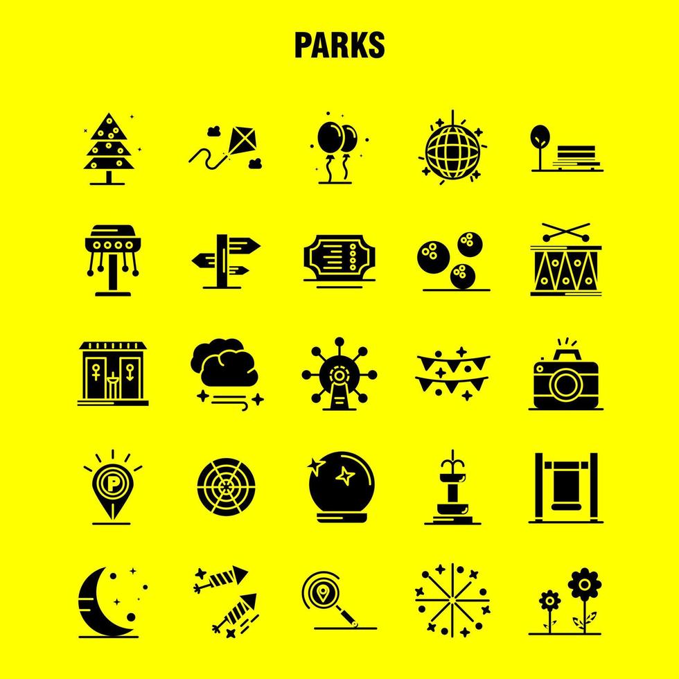 Parks Solid Glyph Icons Set For Infographics Mobile UXUI Kit And Print Design Include Drums Instrument Music Map Location Park Parking World Icon Set Vector