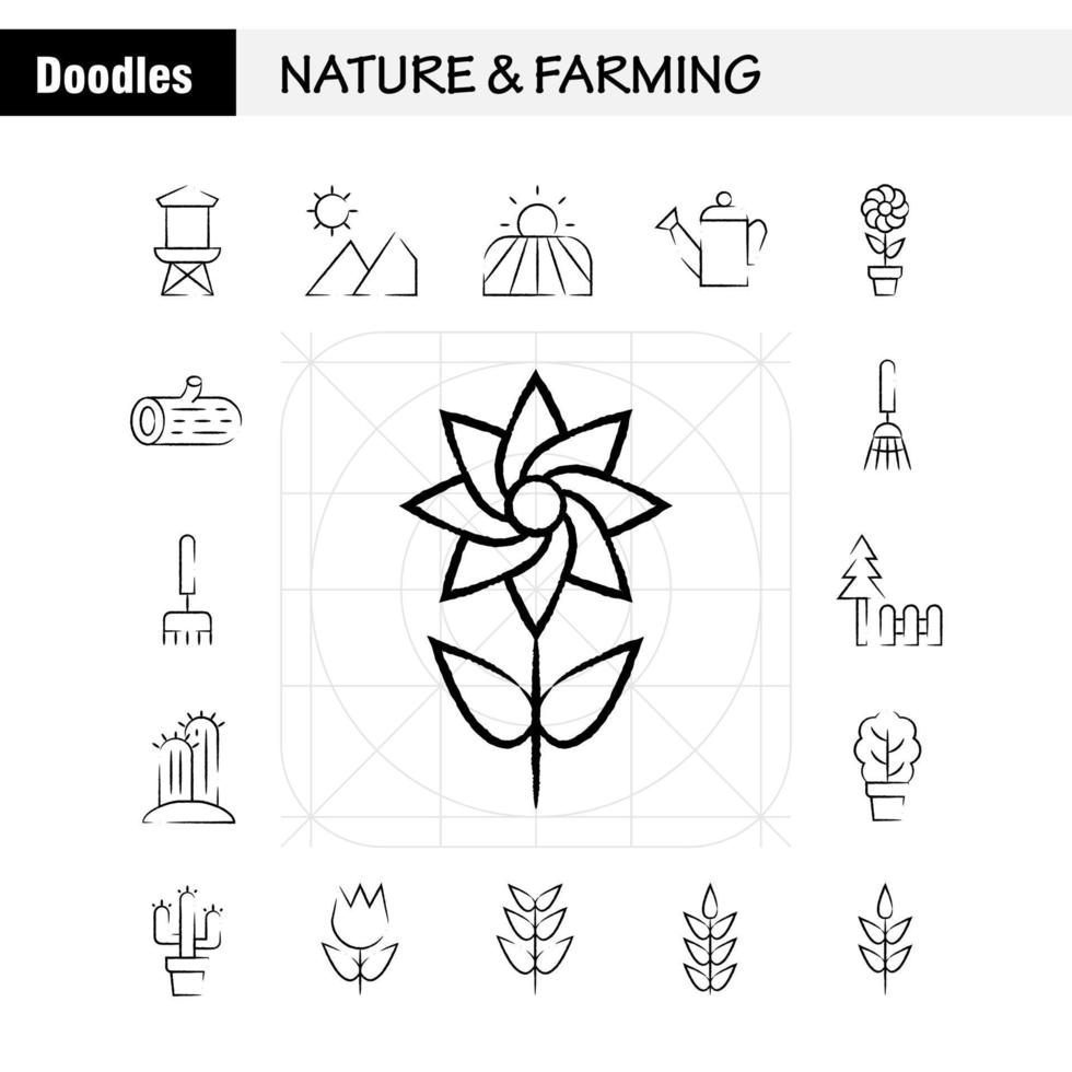 naturaleza y agricultura paquete de iconos dibujados a mano para diseñadores y desarrolladores iconos de granero edificio puerta granja agricultura naturaleza ronda montaña vector