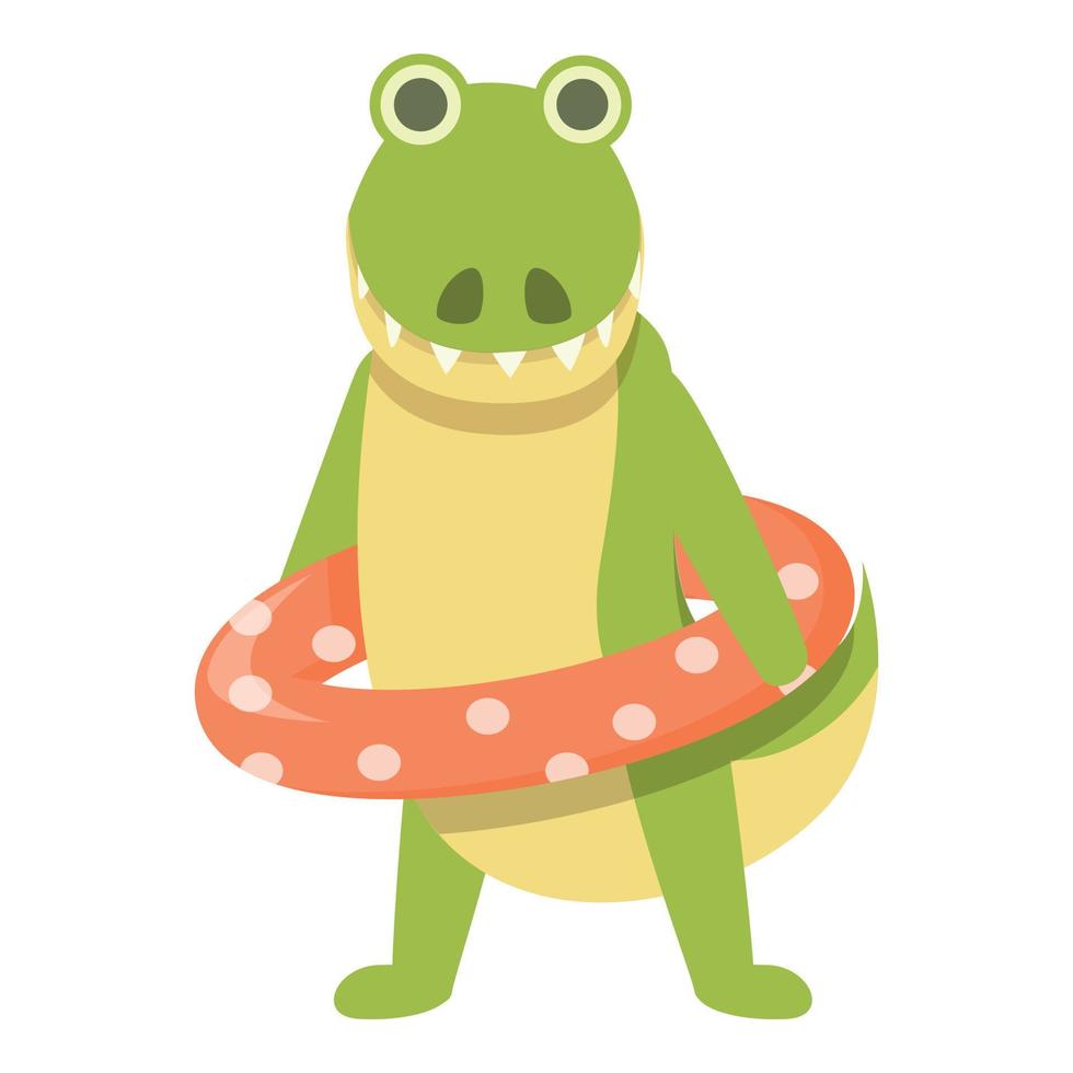 cocodrilo con vector de dibujos animados de icono de anillo inflable. reptil de la selva