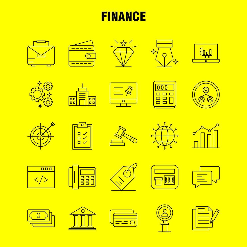 iconos de línea de finanzas establecidos para infografías kit de uxui móvil y diseño de impresión incluyen texto de pin de computadora investigación de búsqueda de finanzas conjunto de iconos de hombre de finanzas vector