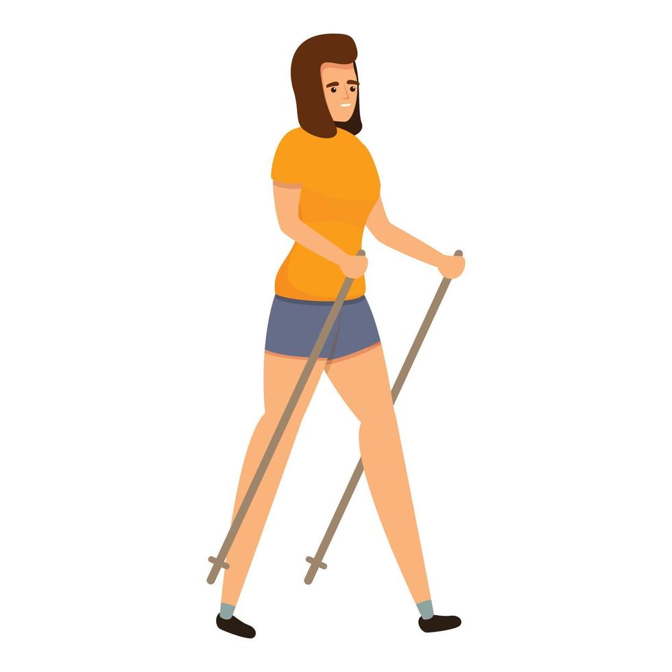 Smiling woman nordic walking icon, cartoon style vector