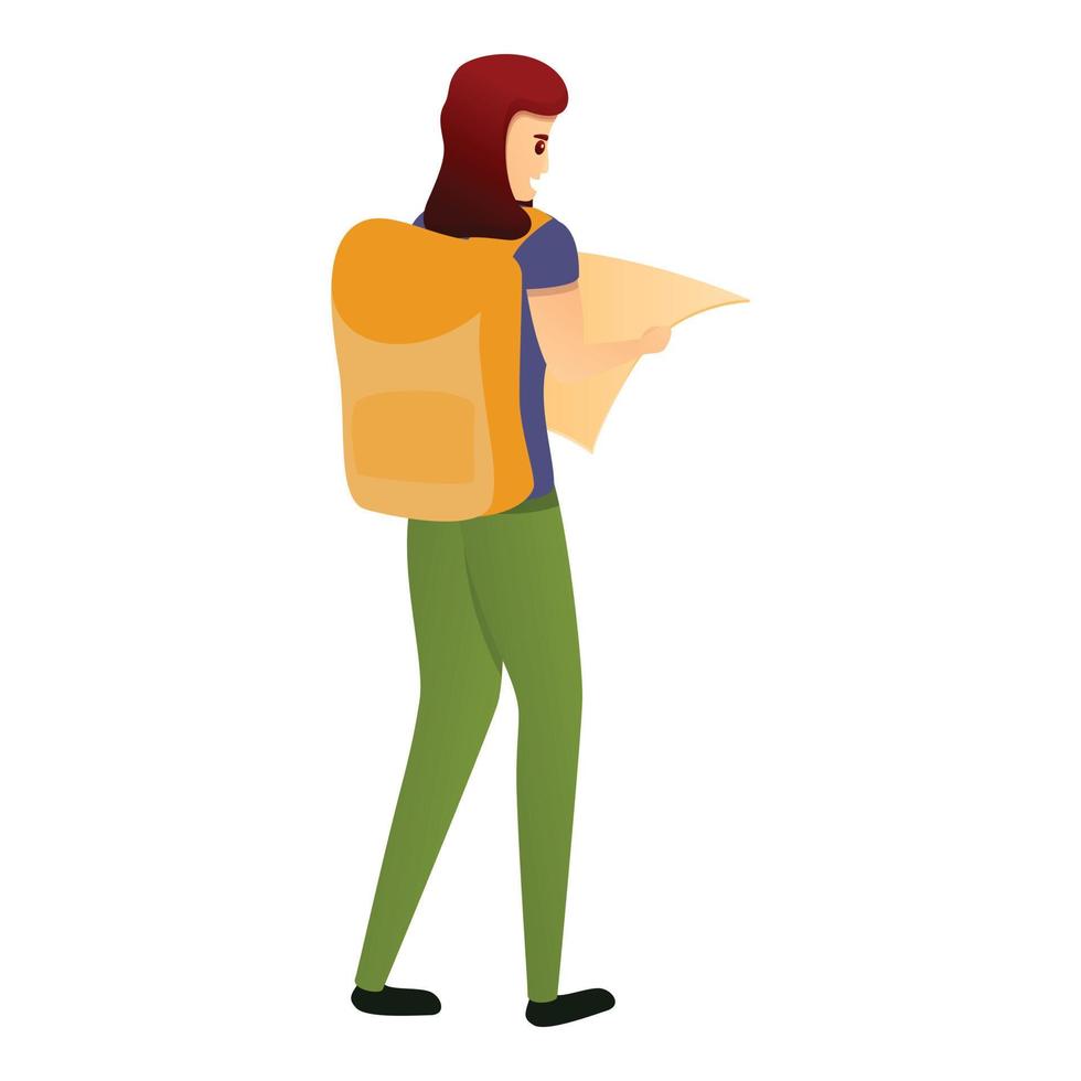 turista con icono de mapa, estilo de dibujos animados vector