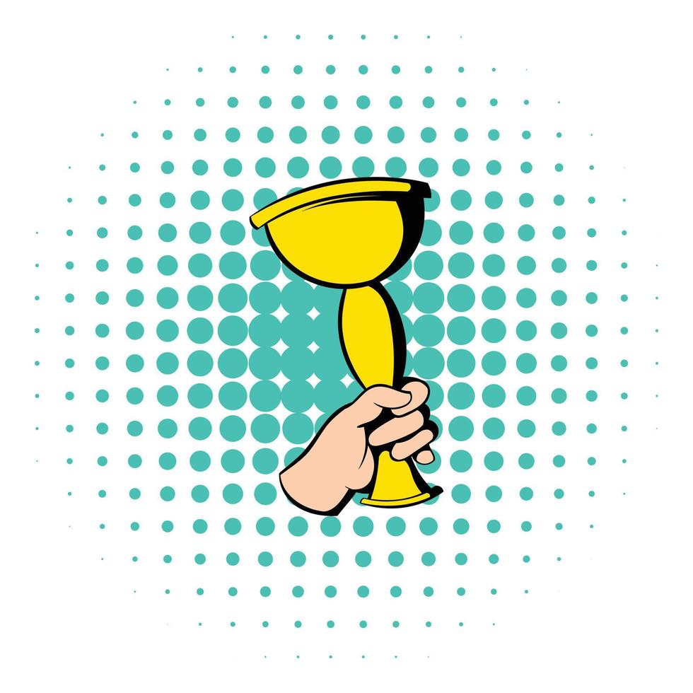 Hand holding winner trophy cup icon, comics style vector