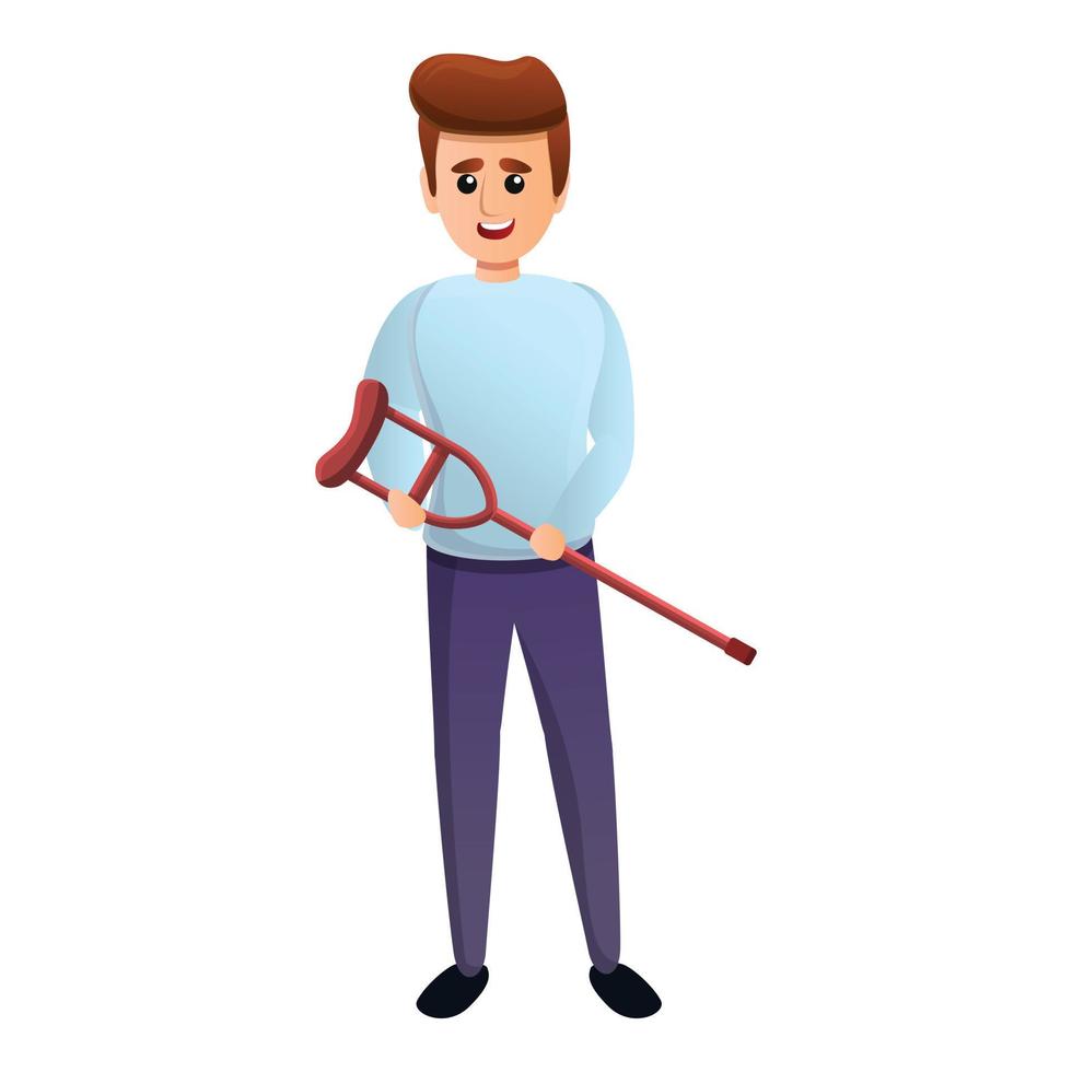 Guy with a crutch in his hands icon, cartoon style vector