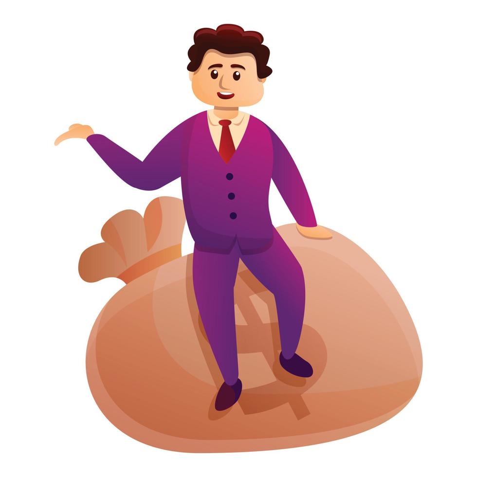 Millionaire sit on money bag icon, cartoon style vector