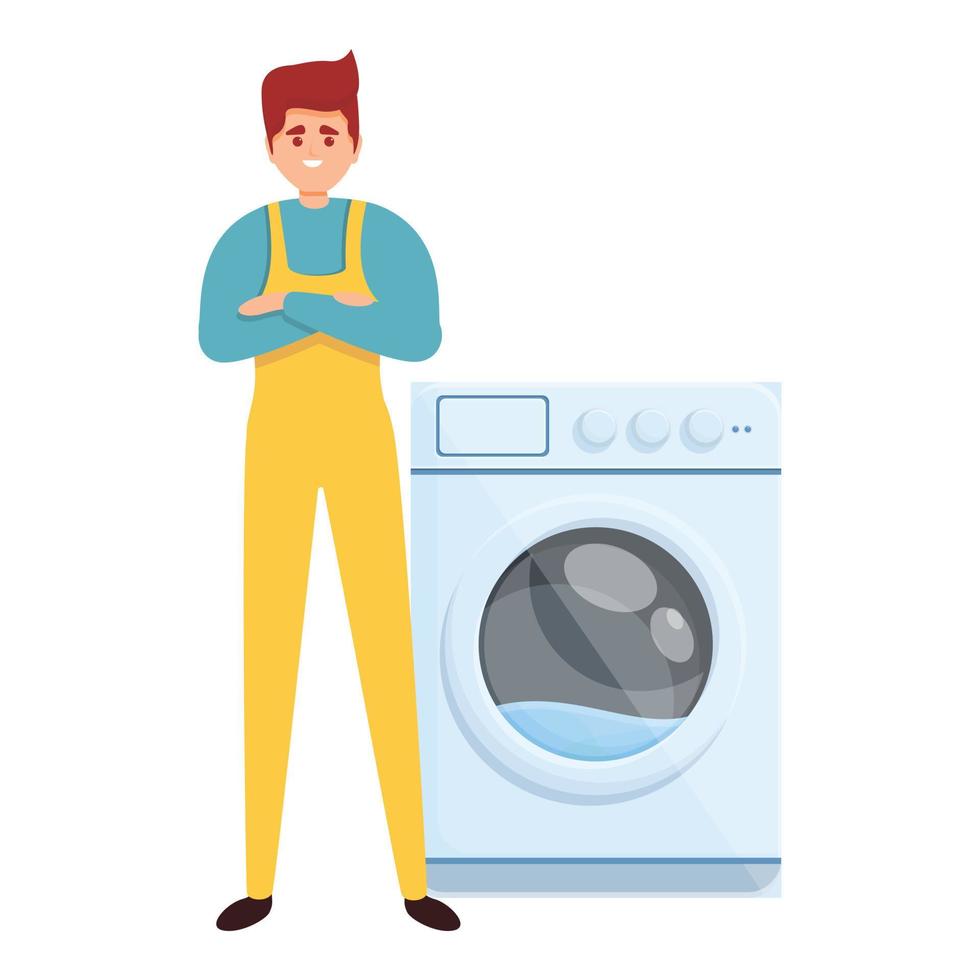 Washing machine repair man icon, cartoon style vector