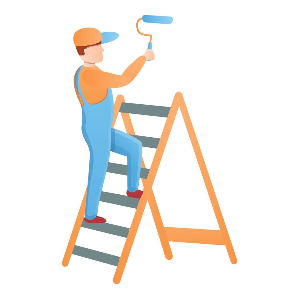 Painter guy on a stepladder icon, cartoon style vector