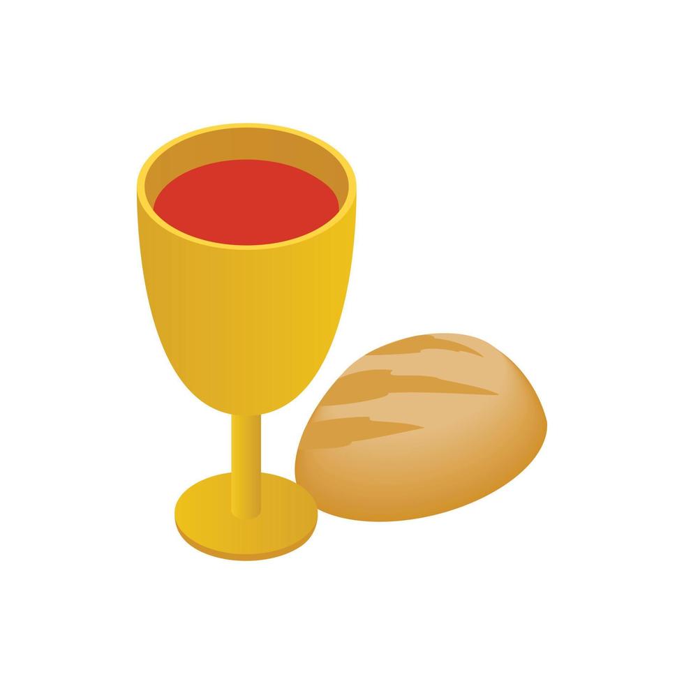 Chalice with wine, piece of bread isometric icon vector