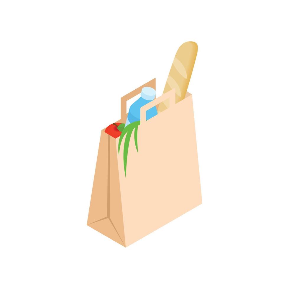 Paper bag with food icon, isometric 3d style vector