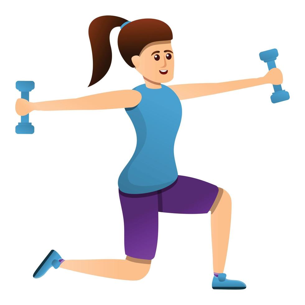 Girl fitness dumbbell icon, cartoon style vector