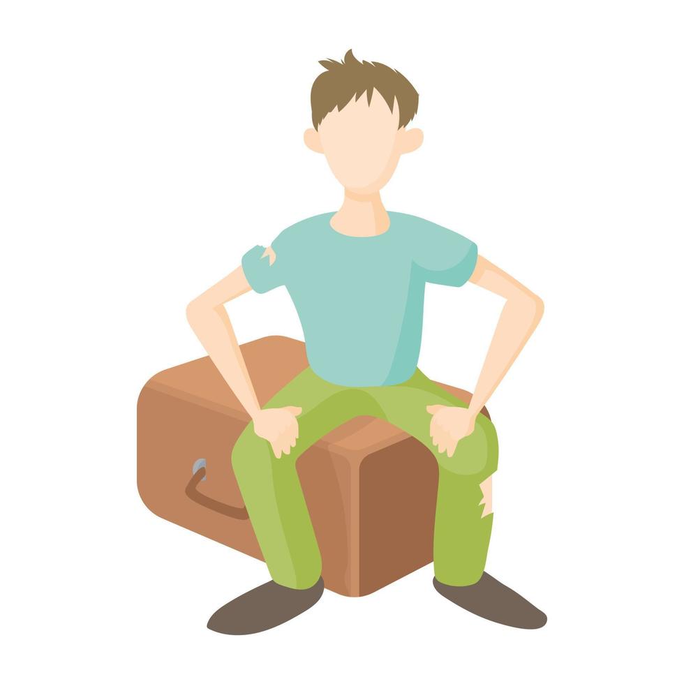 Man sitting on suitcase icon, cartoon style vector