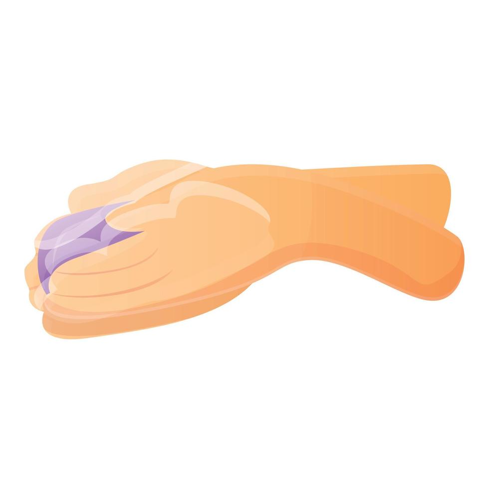 Purple soap in hands icon, cartoon style vector