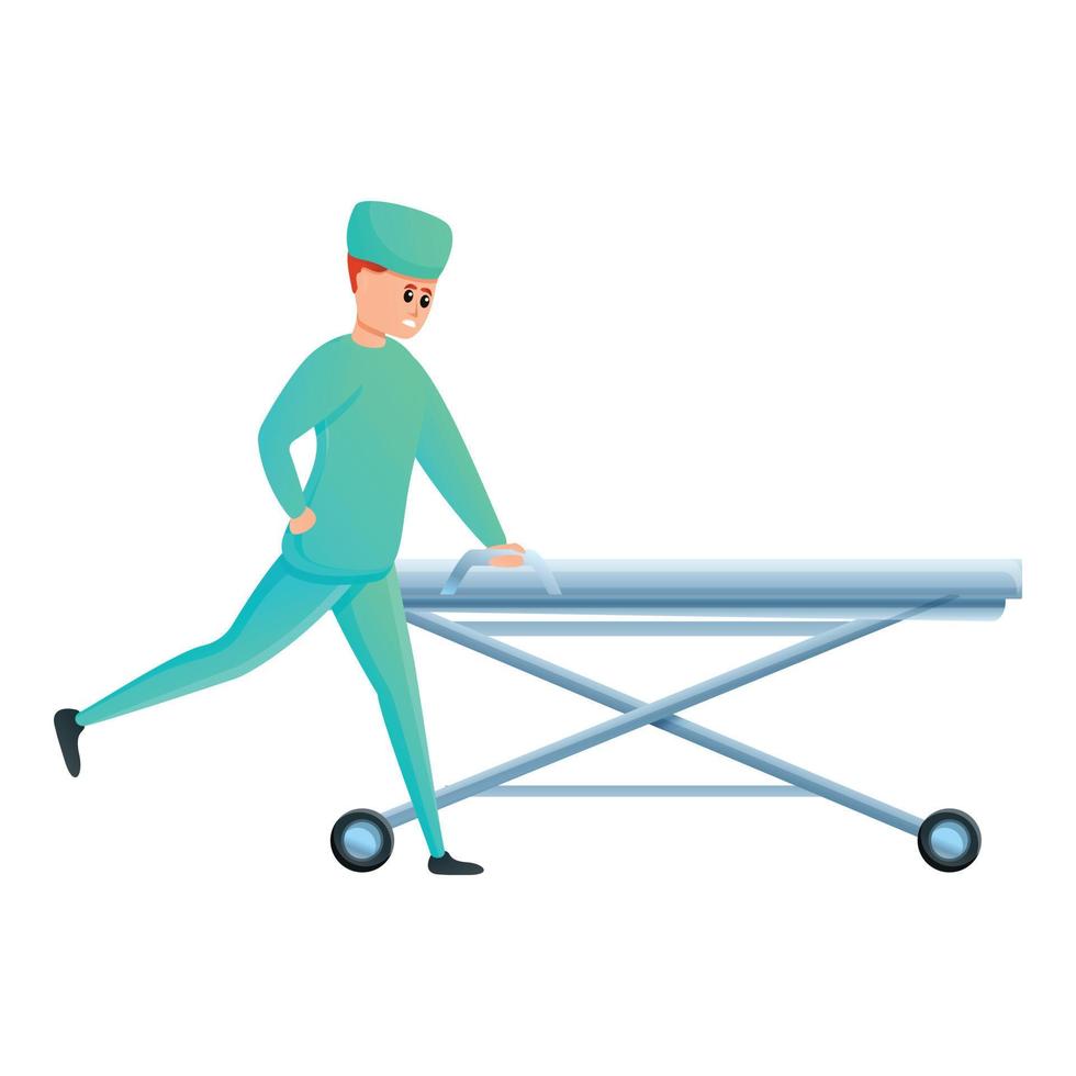 Nurse with wheel bed icon, cartoon style vector